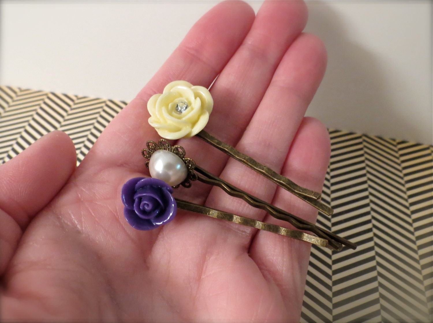 Cream Purple Flowers and Pearl Hairpins / Bobbypins - Summer SALE 20% off