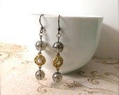Gray Mercury Glass and Gold Focal Dangle Earrings : dressy earrings, vintage glam - Summer SALE 20% off