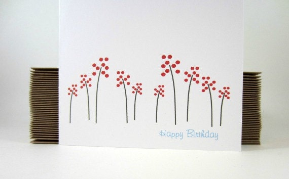 Birthday Card, Red Flower Greeting Card, Happy Birthday Card, Spring Flowers - single