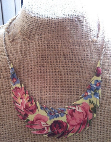 Green and pink floral single recycled leather feather necklace
