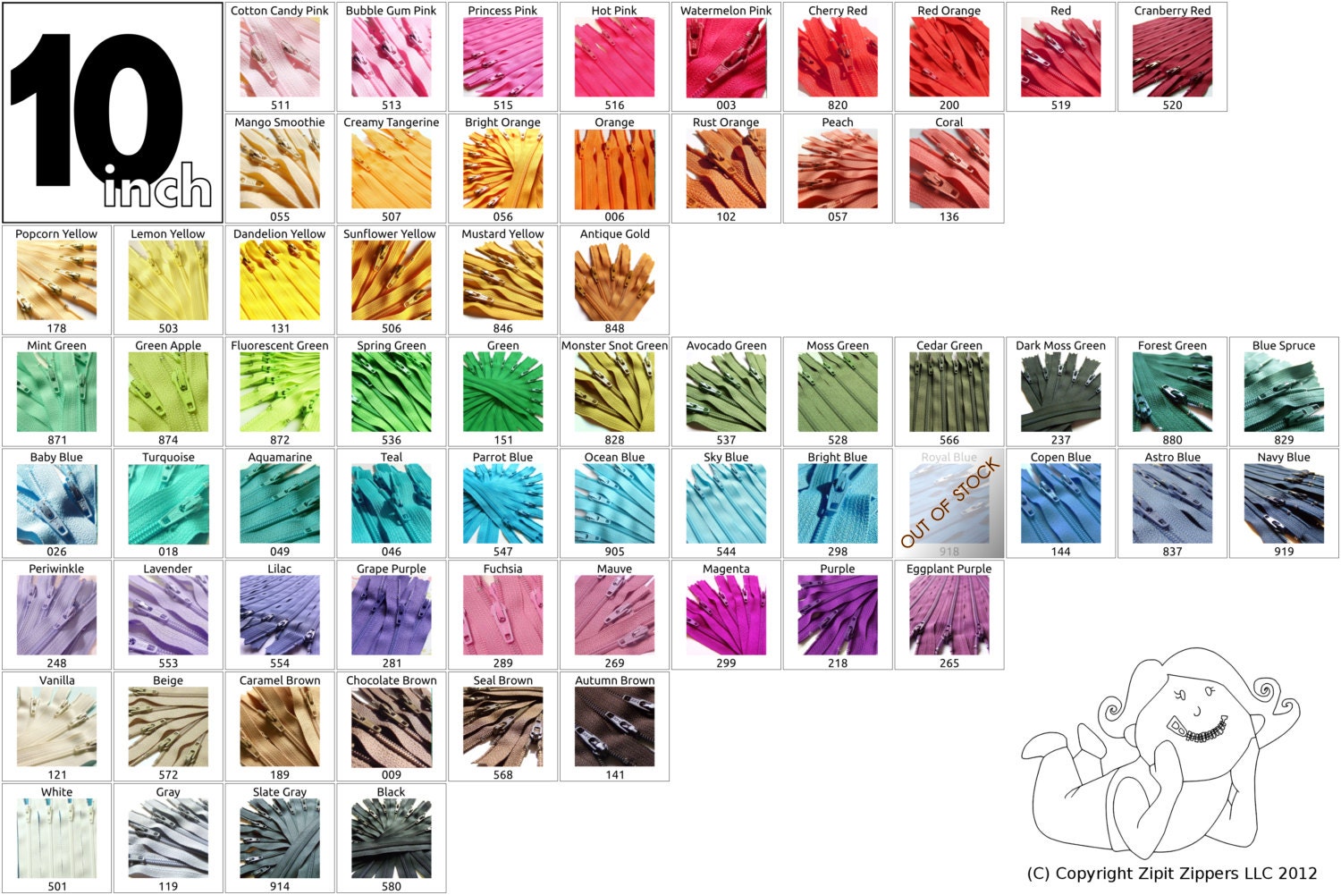 Your Choice of 50 YKK Brand 10 Inch Zippers Mix and Match red orange yellow green navy blue slate gray chocolate brown cream hot pink purple
