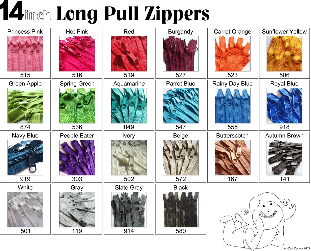 Zippers - 14 Inch 4.5 Ykk Purse Zippers with a Long Handbag Pulls Mix and Match Your Choice of 25 Zippers- New Colors Added-
