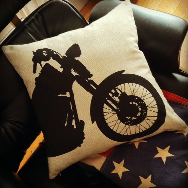 SALE Motorcycle pillow black on natural sandstone canvas