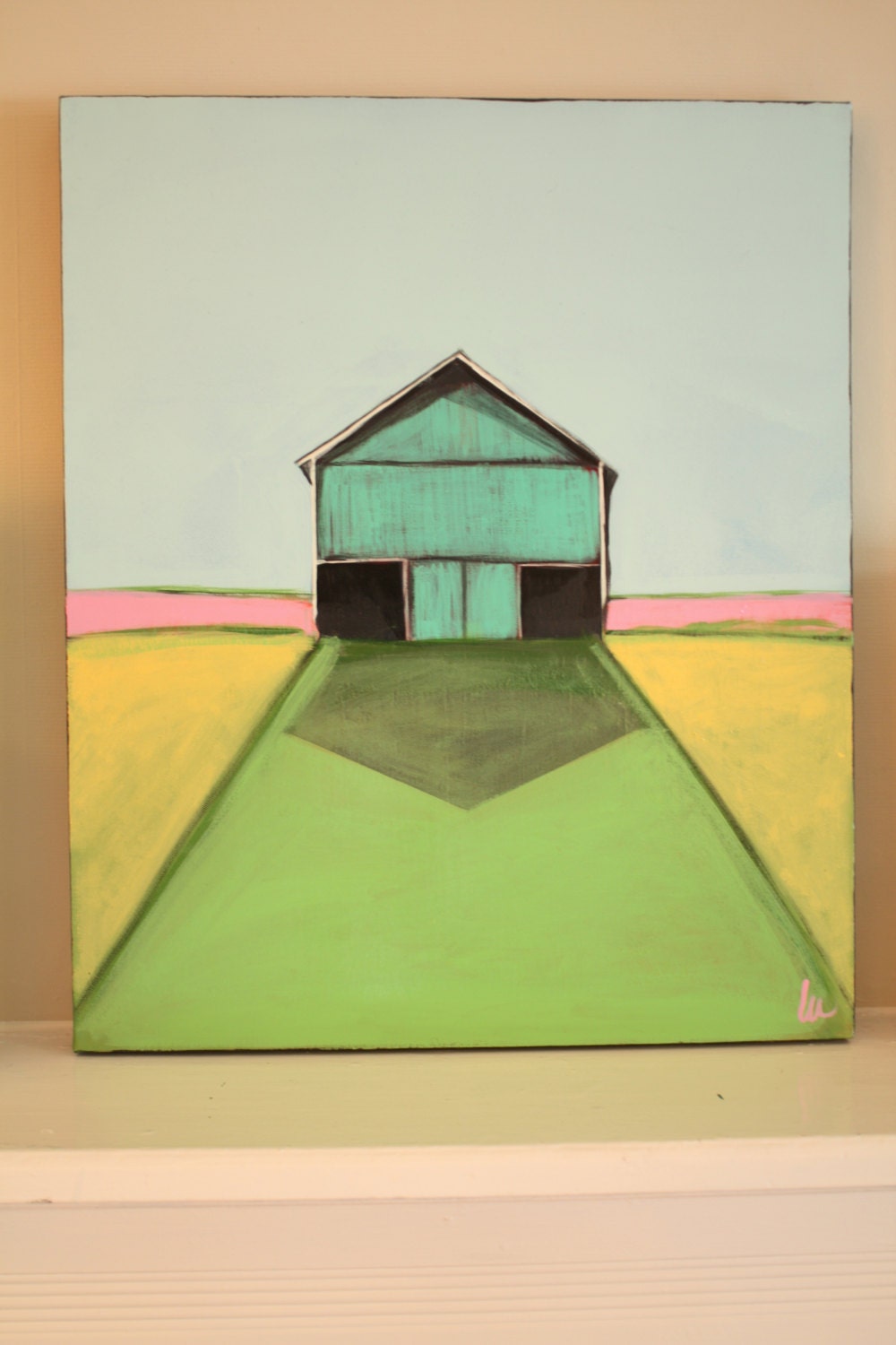 Contemporary Original Acrylic Painting Aqua Blue Barn  18" x 24" ""