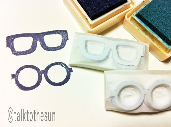 GLASSES hand carved rubber stamp. handmade rubber stamp. set of 2. no1