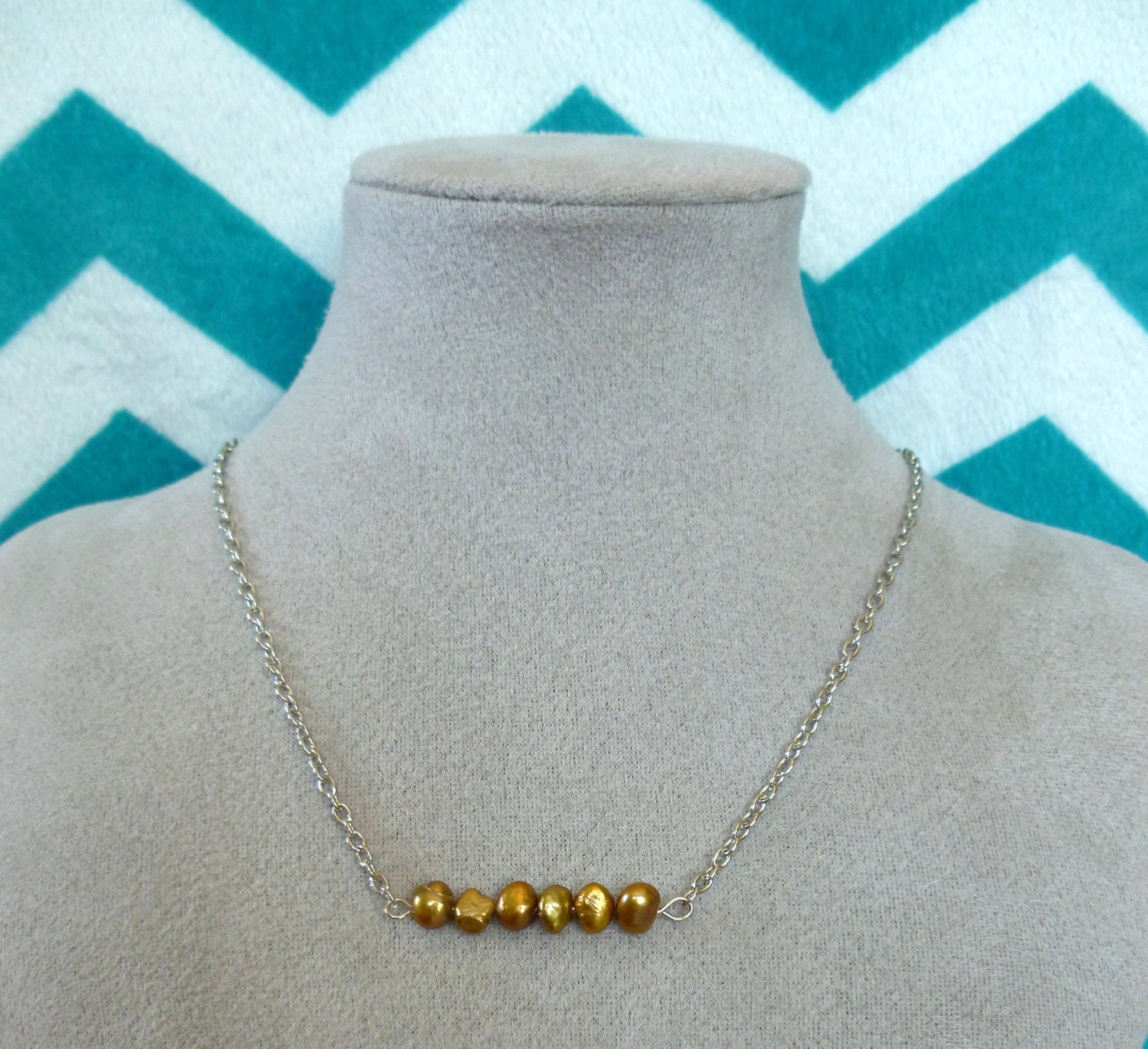 Bead Bar Necklace Silver with Golden Freshwater Pearls