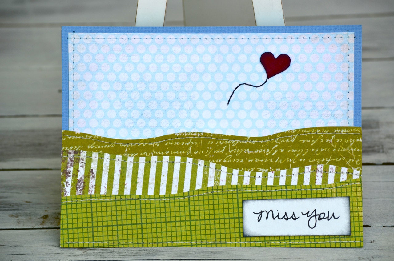 I miss you - handmade, stitched pocket greeting card