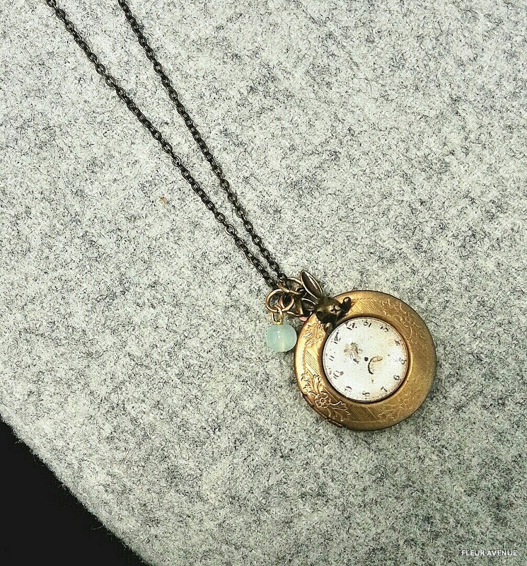 rabbit bunny french clock glass dome blue bead locket necklace