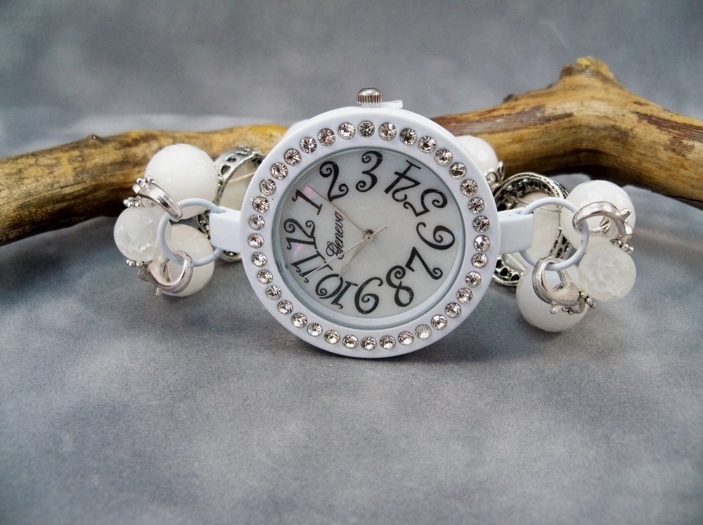 Interchangeable Beaded Double Strand Watchband, Mother of Pearl, Beaded Watch, Double Strand Watch, Stretch Band Watch, OOAK