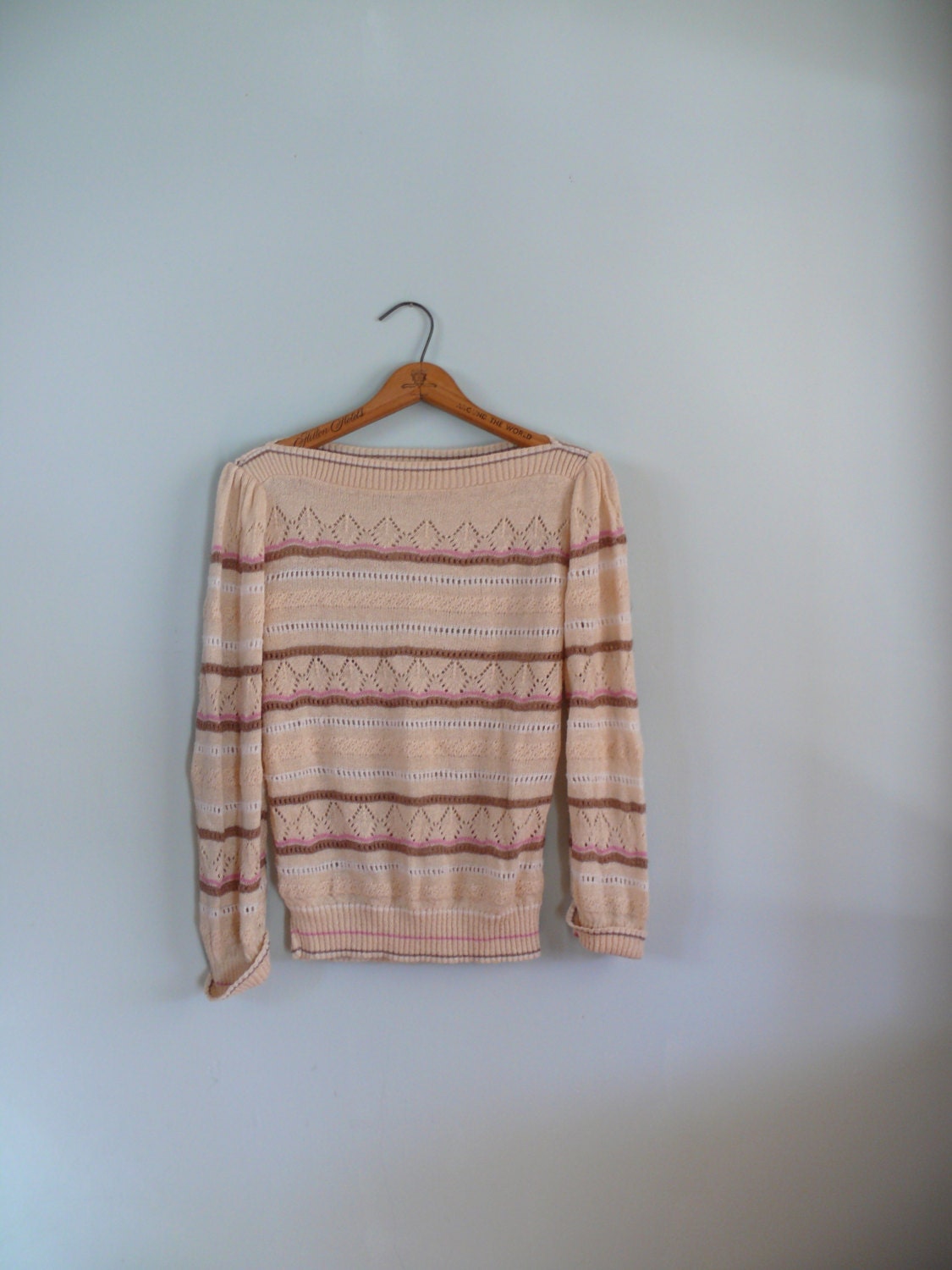 1970s Sweater // Cream Pointelle Stripe // boat neck