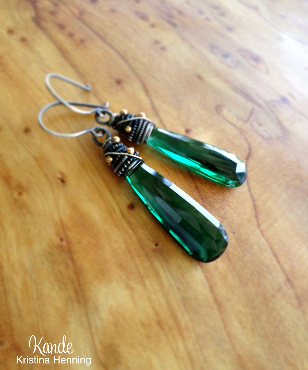 Emerald Green Drop Earrings, Gemstone, Oxidized Silver Wire, Kande Kristina Henning - Peyton