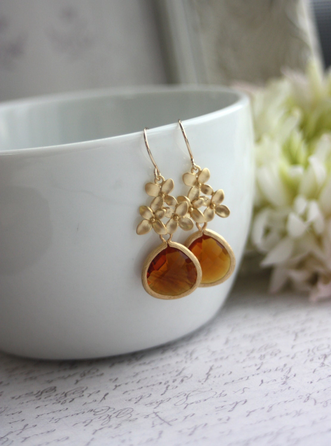 Cherry Blossom Topaz Glass Jewel Dangle Drop Earrings. Dark Golden Topaz Glass Jewel. Matte Gold Plated. Autumn Inspired.