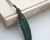 Extra Large Antiqued Bronze Aged Verdigris Feather, Flying Swallow Bird Statement Necklace. Nature Inspired. Feather Jewelry. Unique Gifts