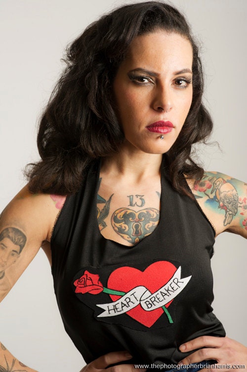 Pin Up Style Halter Neck Vest, Rockabilly Top with Heart Tattoo - Made to Order - Sizes: S/M/L
