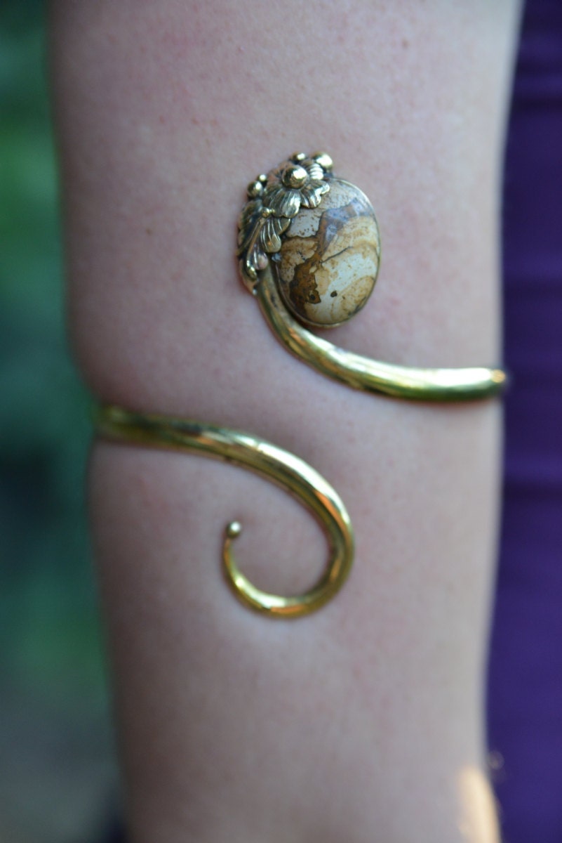 Fairy Elven Goddess Tribal Brass Picture Jasper Spiral Flower leaf Upper Arm Cuff Bracelet Adornment OOAK
