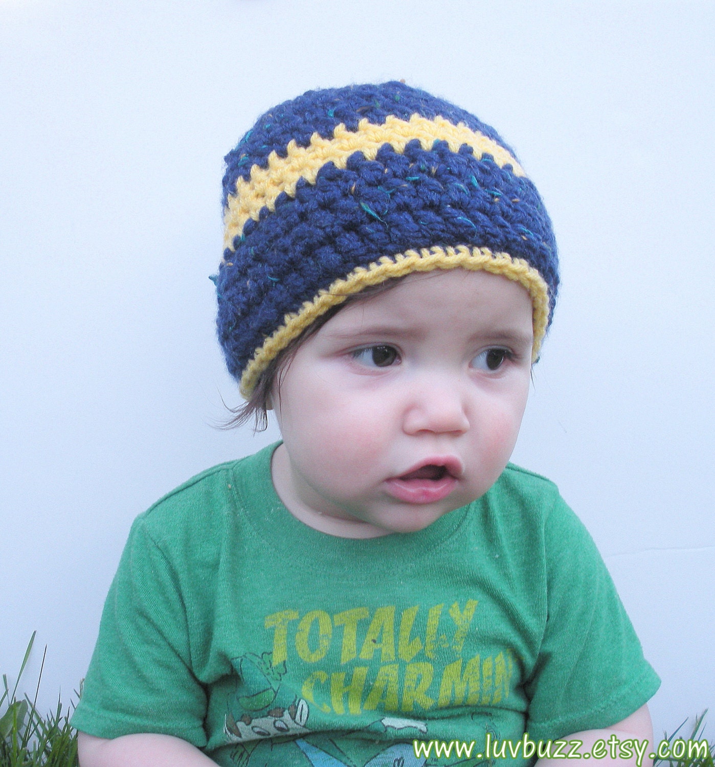 Navy Blue Tweed crochet beanie hat with yellow stripe, infants 9-12 months, ready to ship.