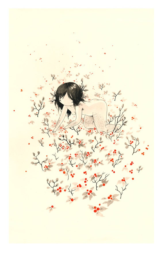 Foraging - 11x17in Fine Art color archival print - Delicate Pencil and Ink Drawing