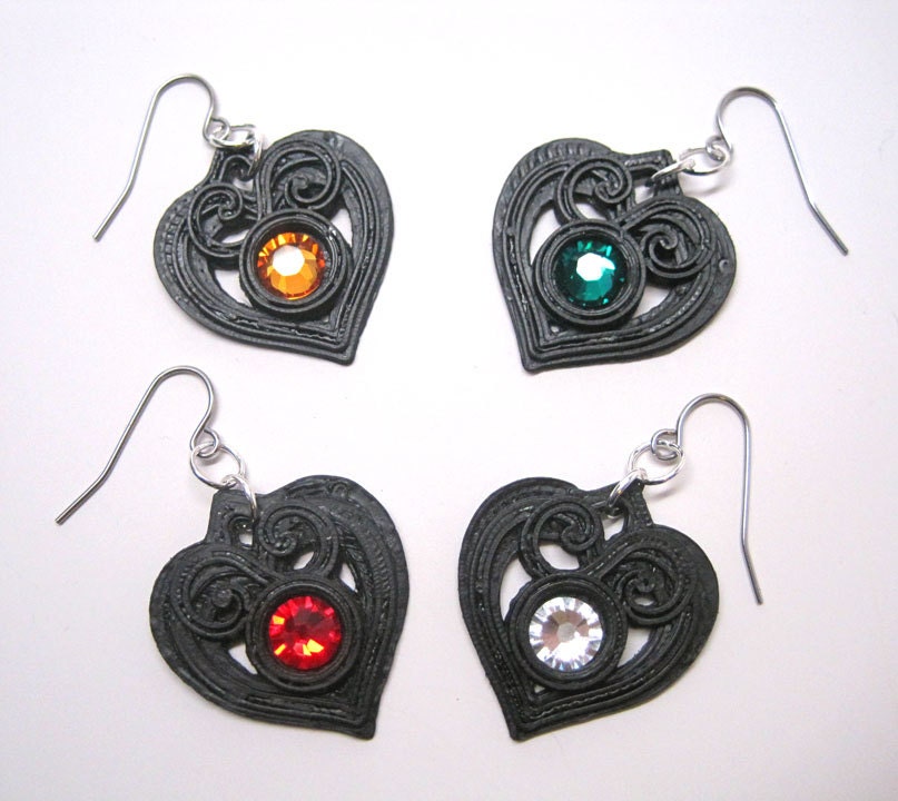 Victorian Textured Heart Earrings with Swarovski Crystal accent - 4 Crystal color options - 3D Printed - Ready To Ship