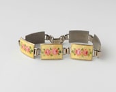 Enamel Sterling Bracelet. Yellow. Pink Roses. 1940s.