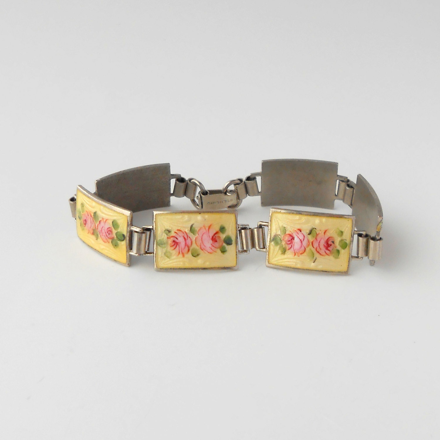 Enamel Sterling Bracelet. Yellow. Pink Roses. 1940s.