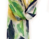 Hand painted silk scarf. Flowers scarf in bright yellow, green and black. Abstract, floral scarf.Painting on silk by Dimo