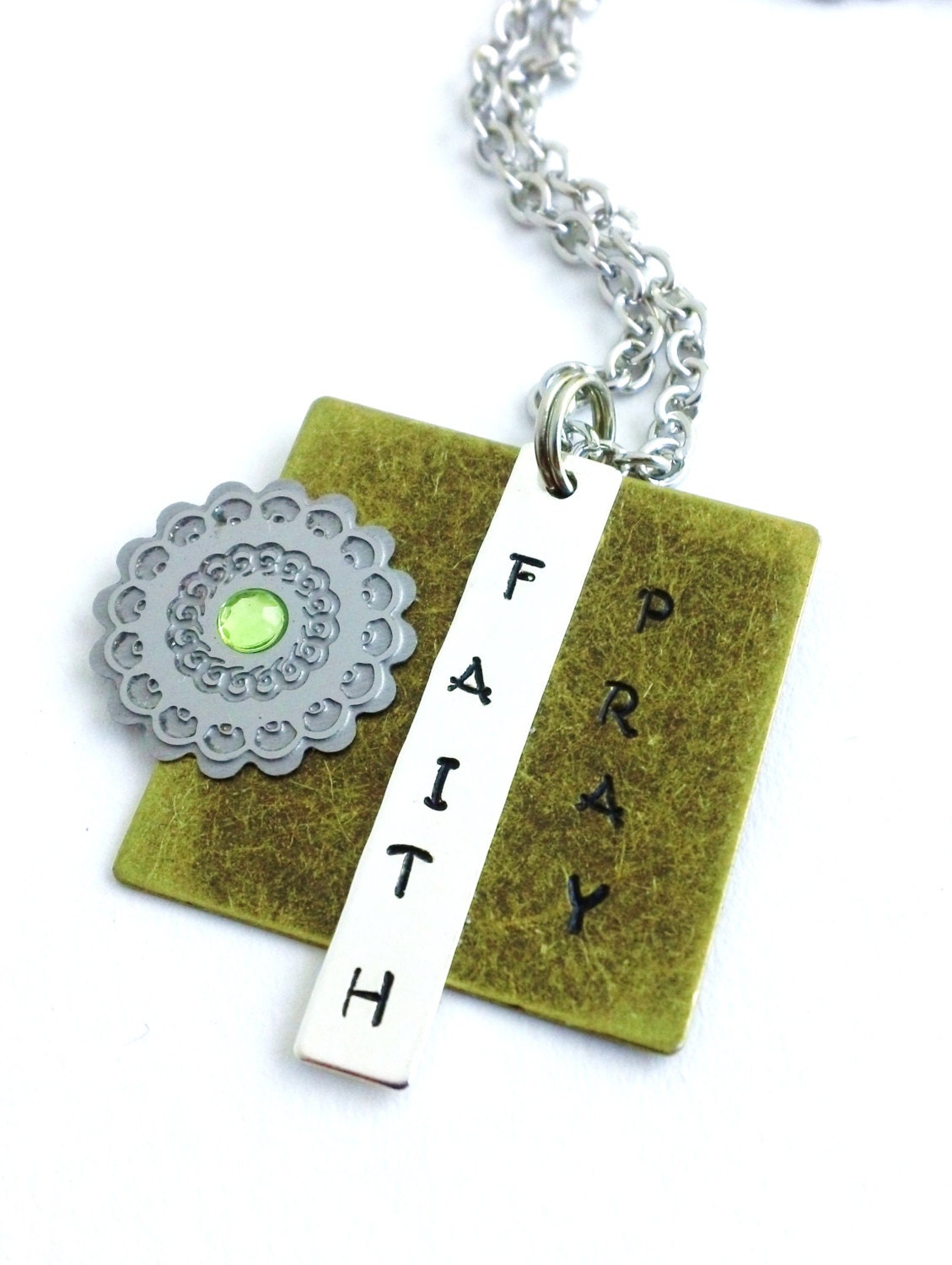 Pray and Faith Stamped Tag Brass Square and Silver Rectangle Inspirational Word Necklace with Flower and Green Crystal