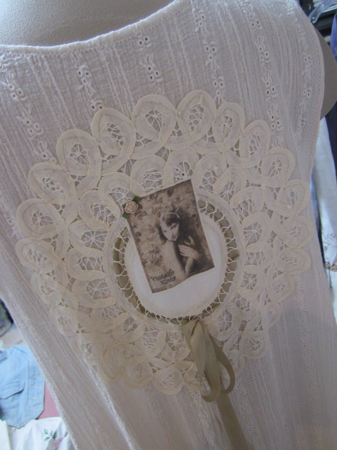 Vintage Kitty.. tea stained dye muslin tunic. doilies, lace, roses.. MOTHER of PEARL buttons.shabby chic..crochet..Med/XL