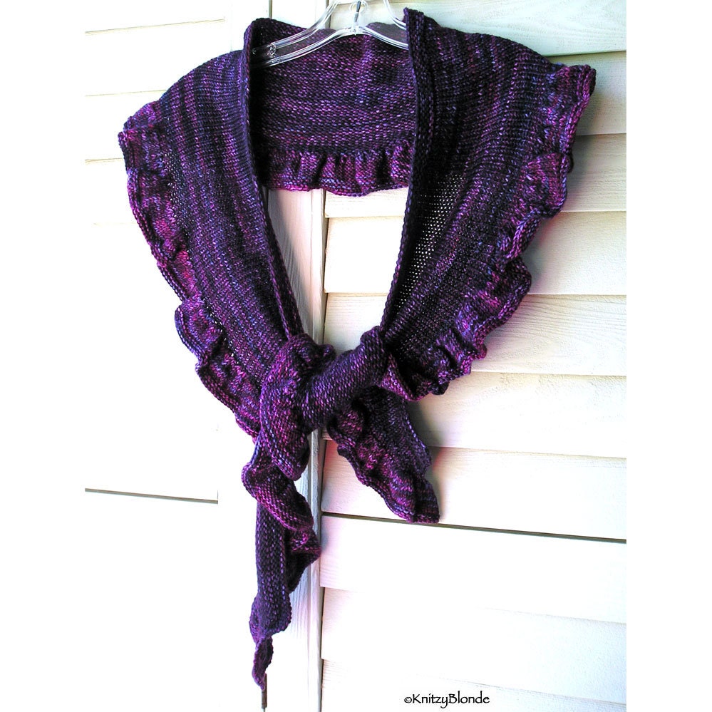 Ruffle Scarf Shawl Shawlette, Hand Knit Merino Wool Cashmere, Purple Violet Plum Eggplant