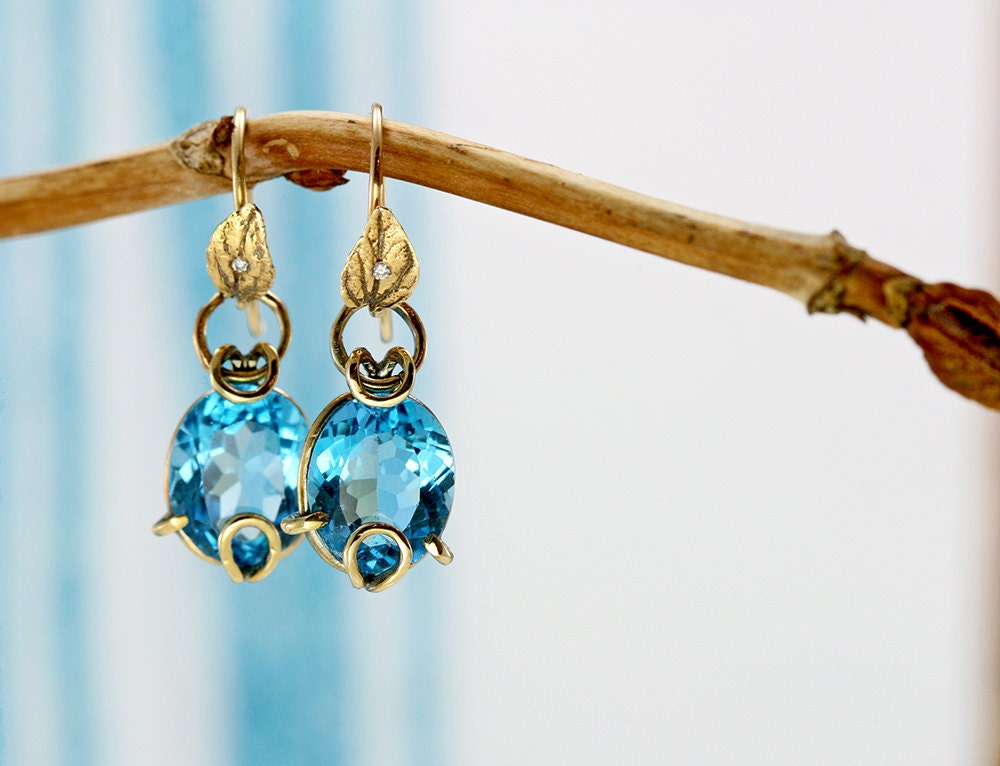 Swiss Blue Topaz Topaz Leaf Earrings in 14k Yellow Gold with Diamonds - Solid 14k Gold, Diamonds, and large deep blue Topaz earrings, bridal