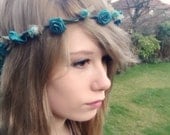 Teal hair accesories -Evie- flower crown headpiece brides maid headband halo Renaissance festivals costume hairwreath Wedding Bridal party