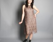 90s Metallic CROCHET DRESS / Copper Fringe Sleeveless Midi
