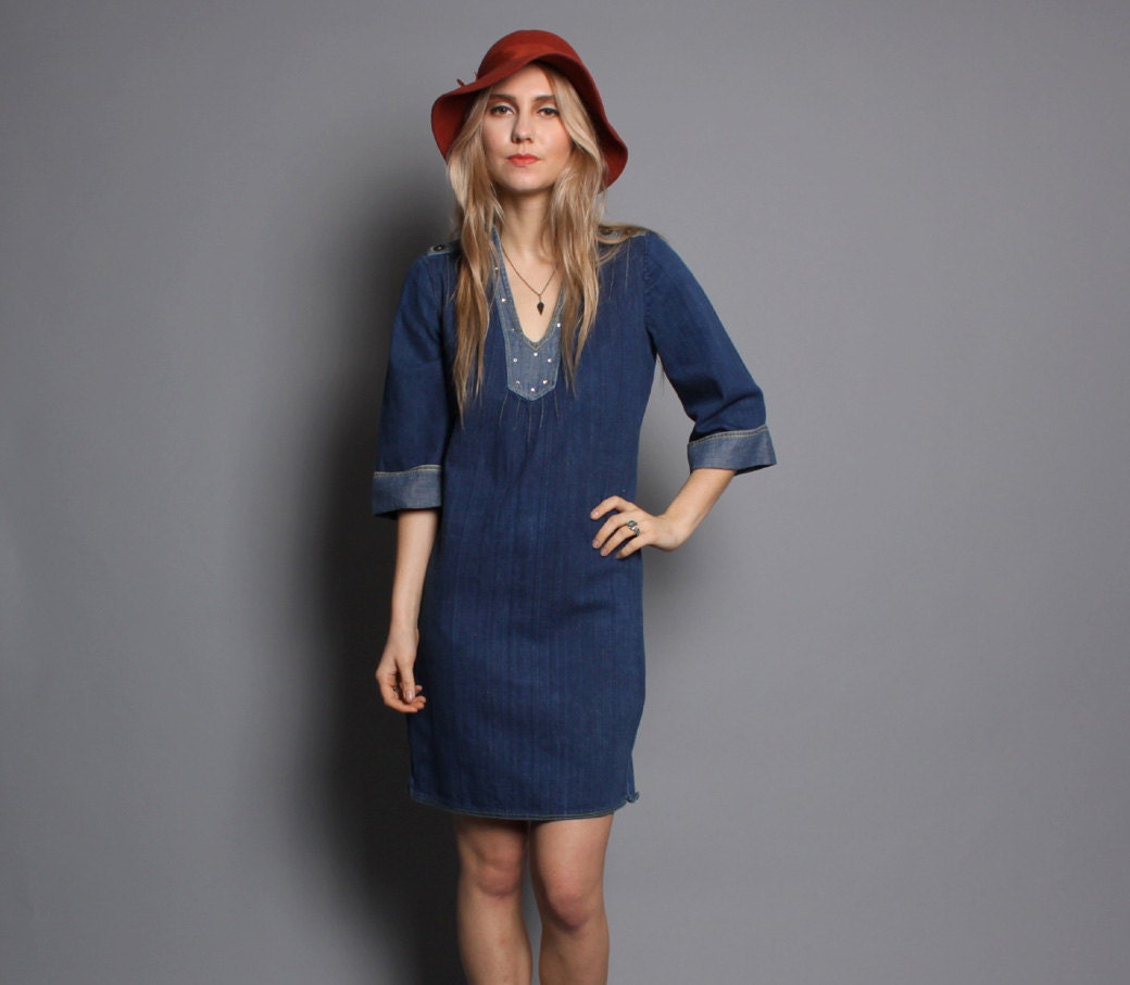 Vintage 70s DENIM DRESS / Boho Studded Zipper Mini, xs-s