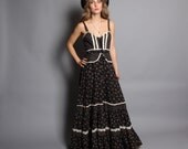 1970s GUNNE SAX Sun DRESS / Black Floral Corset Peplum Maxi, xs-s
