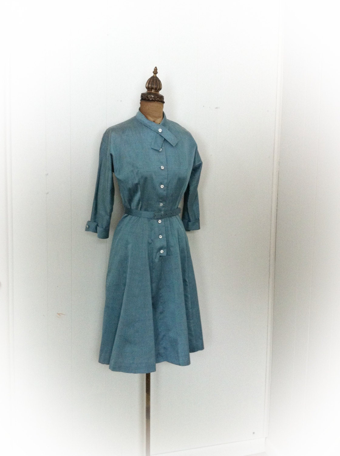 Vintage 1950s Dress Icy Blue with Original Belt and Rhinestone Buttons