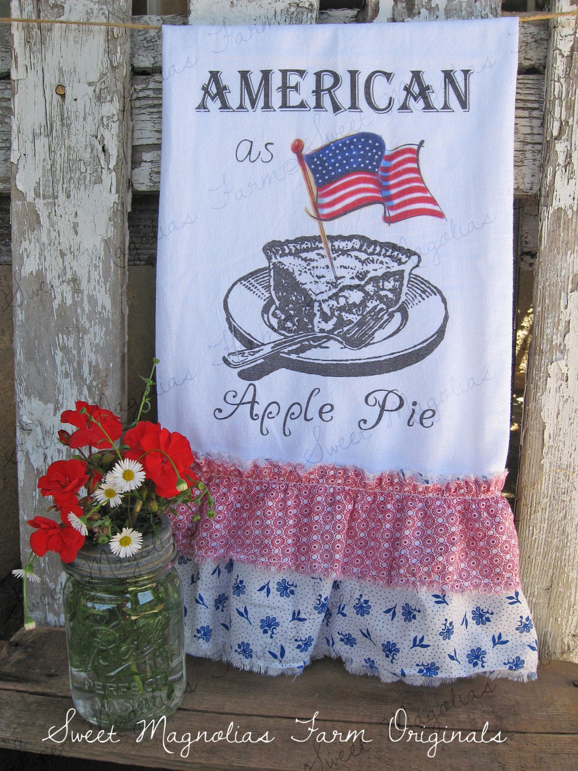Flour Sack Kitchen Towel - Patriotic July 4th Red White Blue Flag "American As Apple Pie" Farmhouse Style Country Cottage Chic Floral Ruffle