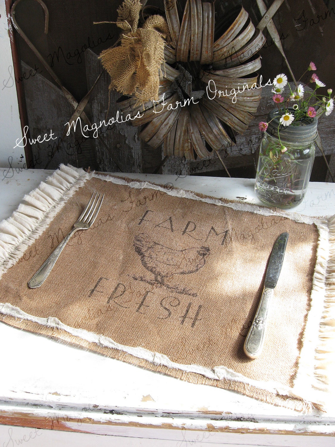 Burlap Table Placemats - Chicken "Farm Fresh"  Kitchen  Farmhouse Style Country Shabby Cottage Chic Ruffle Southern Saying