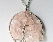 Cherry Blossom Tree of Life Pendant - Wire Wrapped Rose Quartz Necklace