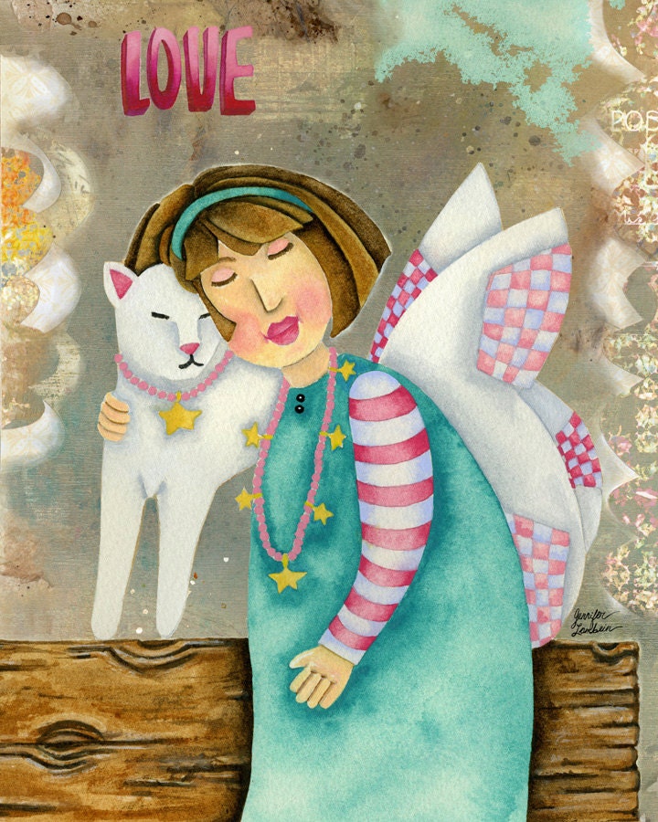 Art Print 11x14. Angel Kitty Love