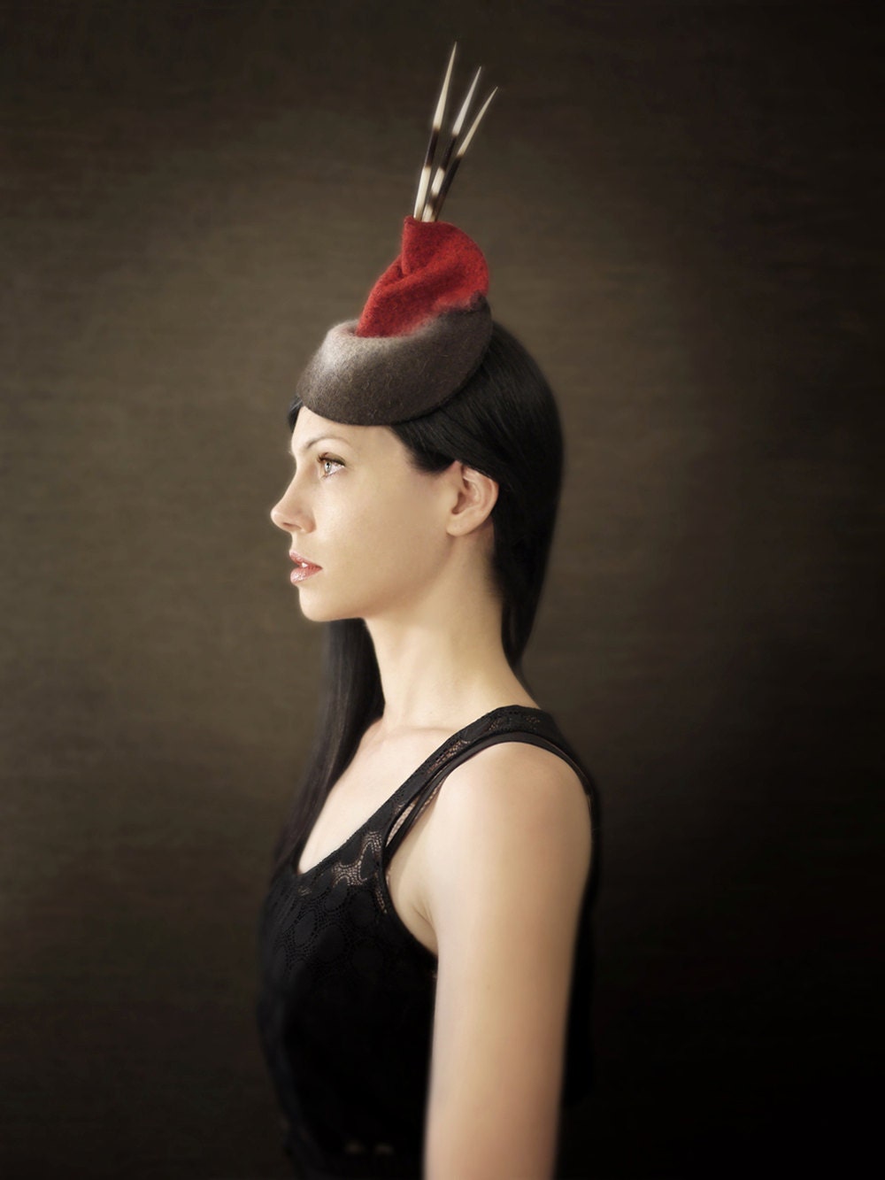 Black Grey and Red Felt Fascinator with Porupine Quill Accents - Arthropod Series