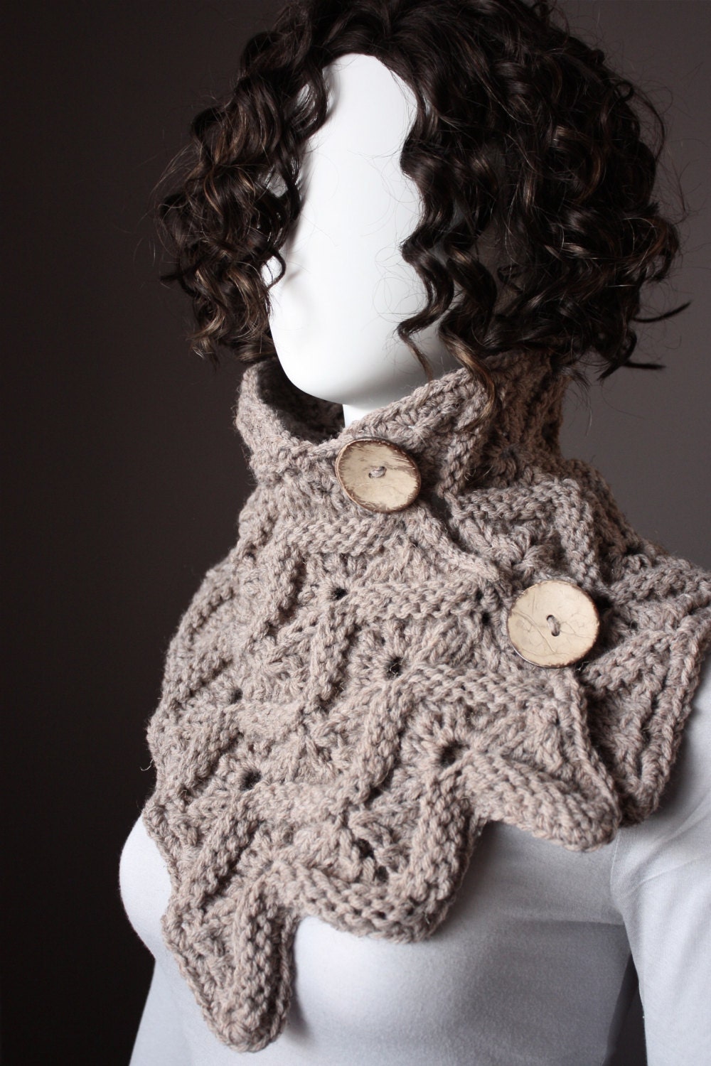 Chunky textured knit scarf   neckwarmer / scarf / wrap /  cowl  Taupe, coconut button
