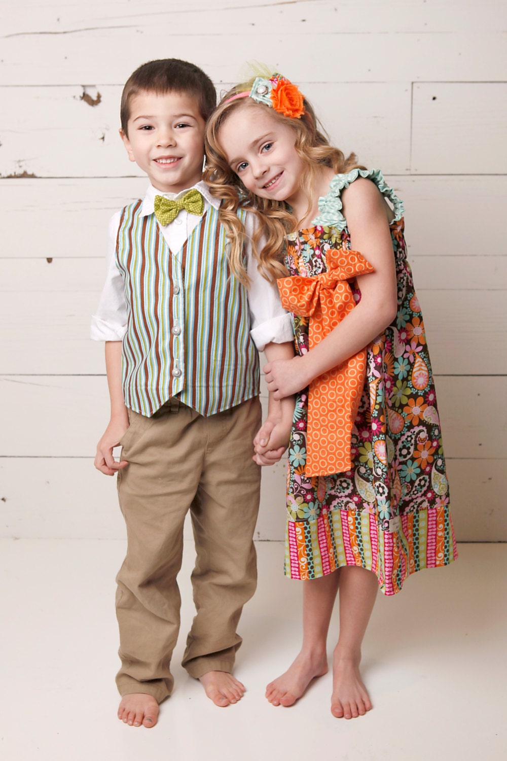 Brother and Sister Full Bloom Collection-Dress and Reversible Vest/Tie Combo-Bright Summer Prints with Ruffles