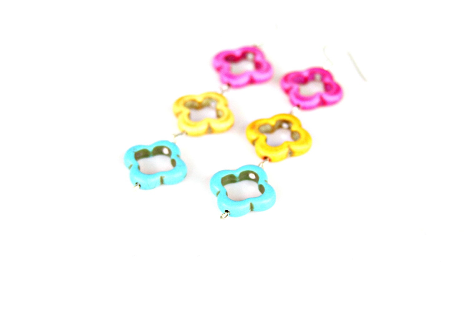 Pastel Summer Clover Long Earrings - Pink Yellow and Blue Flower Clover Turquoise Long Southwest Chic Dangles by Mei Faith