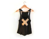 X Marks the Spot - Racerback Hand Stenciled Slouchy Scoop Neck Swing Tank Top in Heather Black and Gold - XS S M L