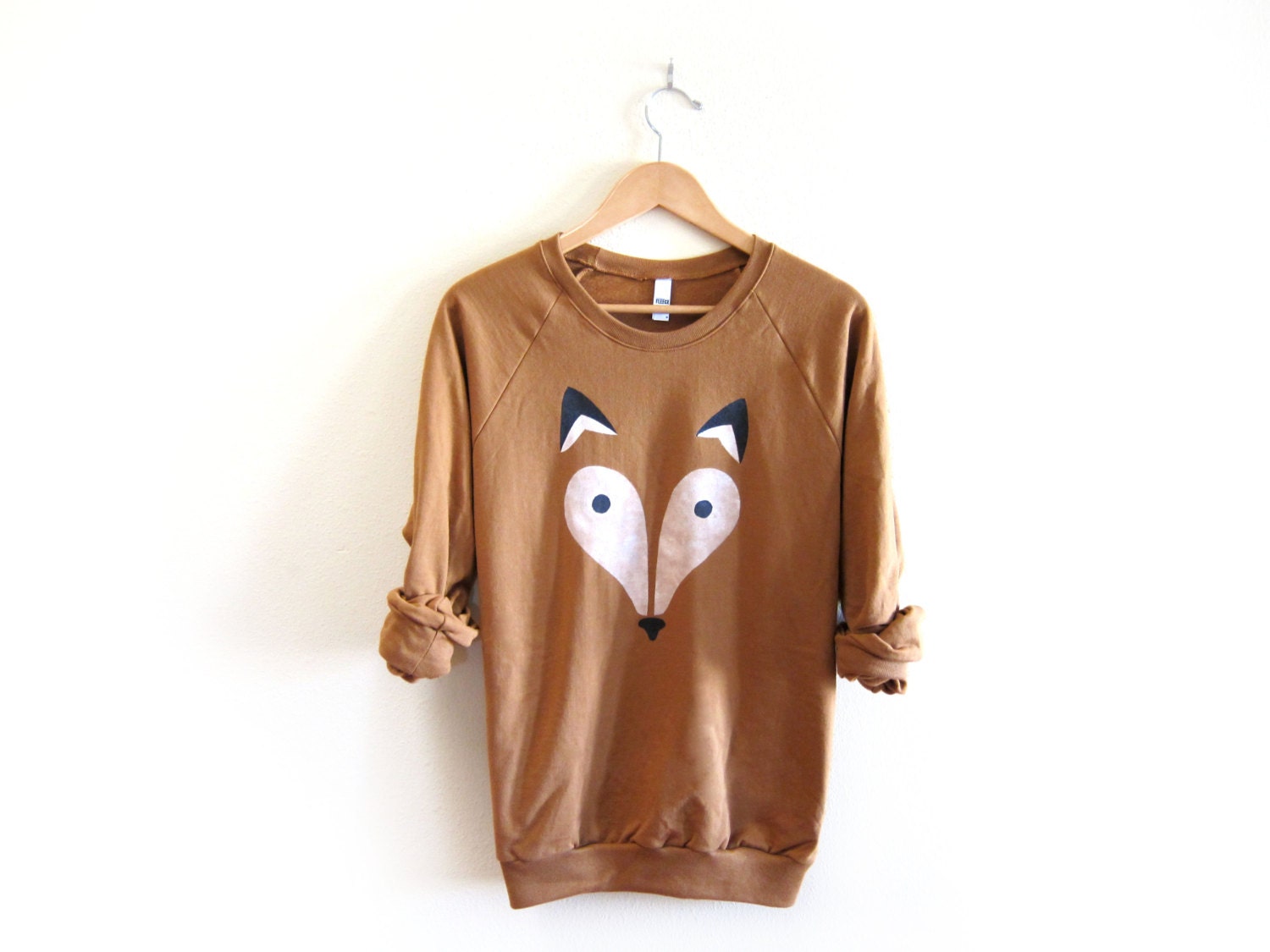 Geo Fox - Hand STENCILED Deep Crew Neck Fleece Raglan Sweatshirt in Rust - S M L XL 2XL 3XL