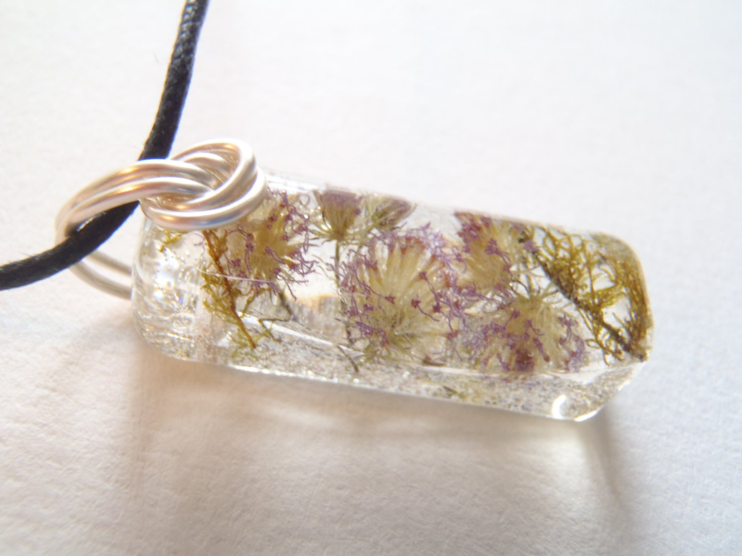 Purple Flowers Green Moss Nature Pendant Resin Boho Necklace Bohemian Jewelry Silver Wire Garden Earth Woodland Spring Small Adjustable