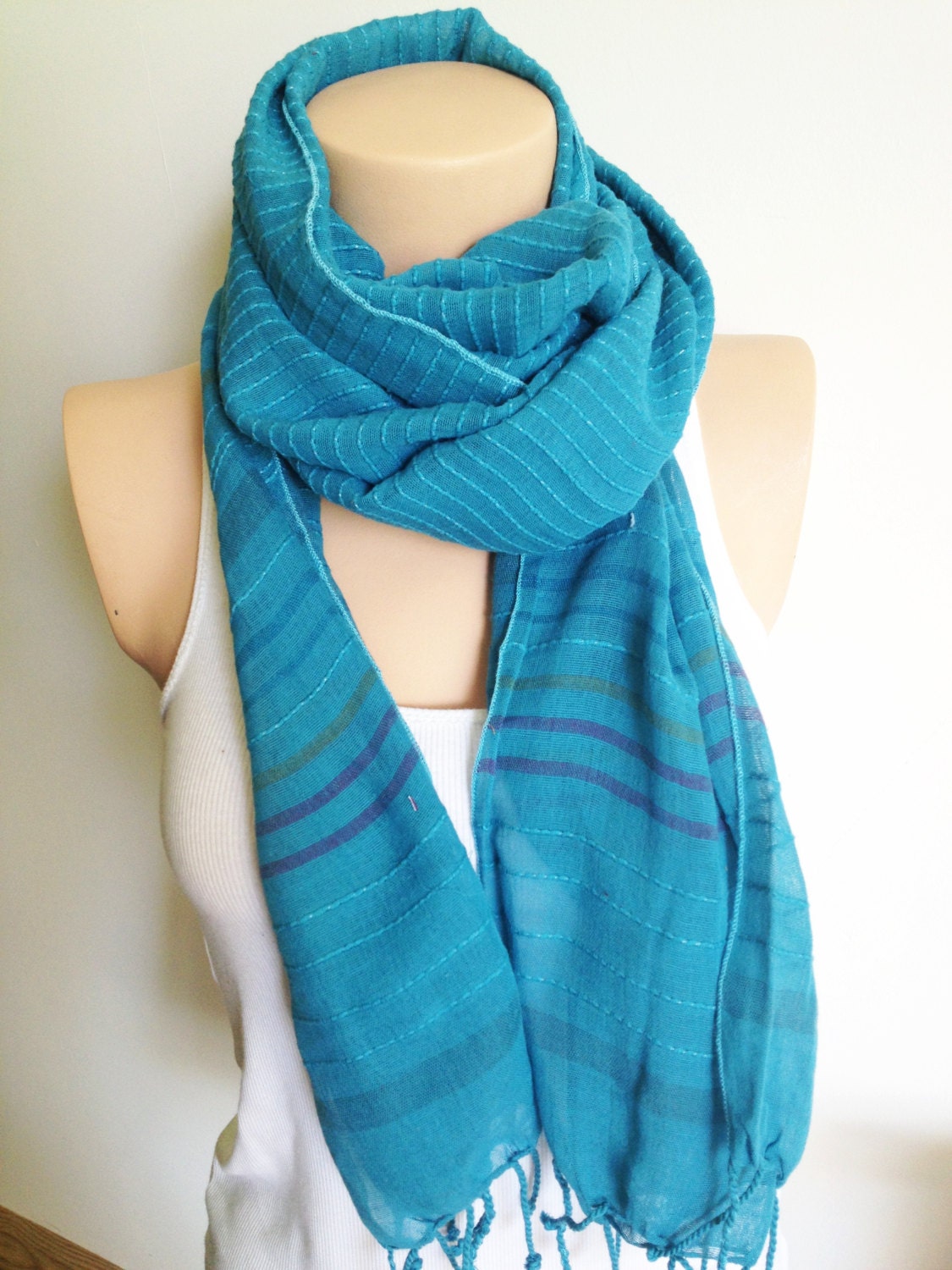 Teal Aquamarine Marine Ruffle Frilly Shawl Neckwarmer Cotton Fabric Scarf Stripe