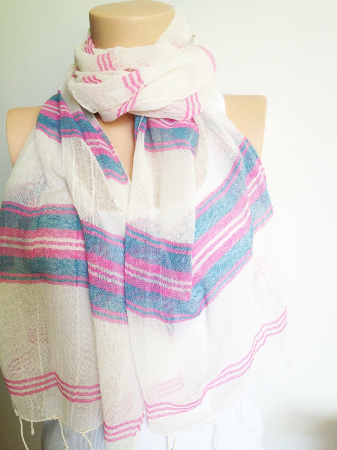 Pink Blue Cream Pastel Ruffle Frilly Shawl Neckwarmer Cotton Fabric Scarf stripe