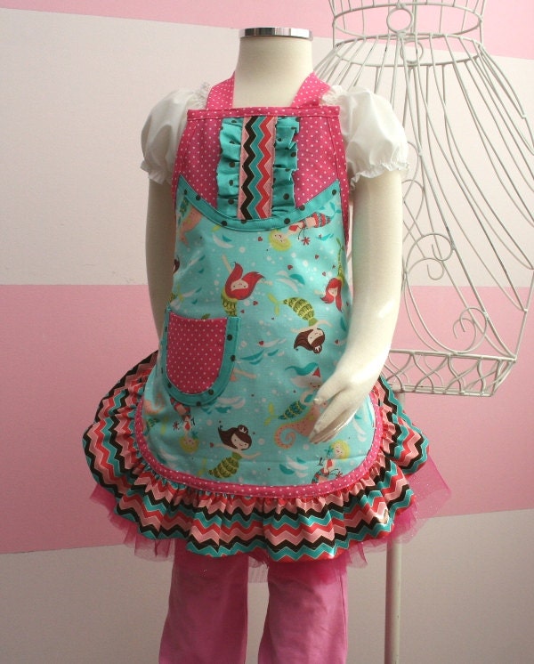 Girls Boutique Apron - Little Girls Mermaid Apron - Pink and Blue