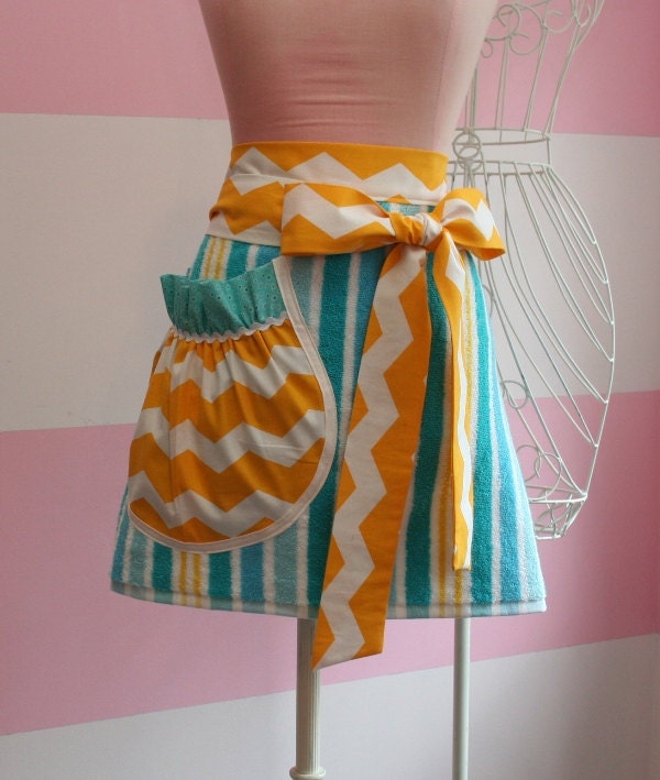 Towel Waist Apron - Beachy Stripes and Chevron - Teal and Yellow