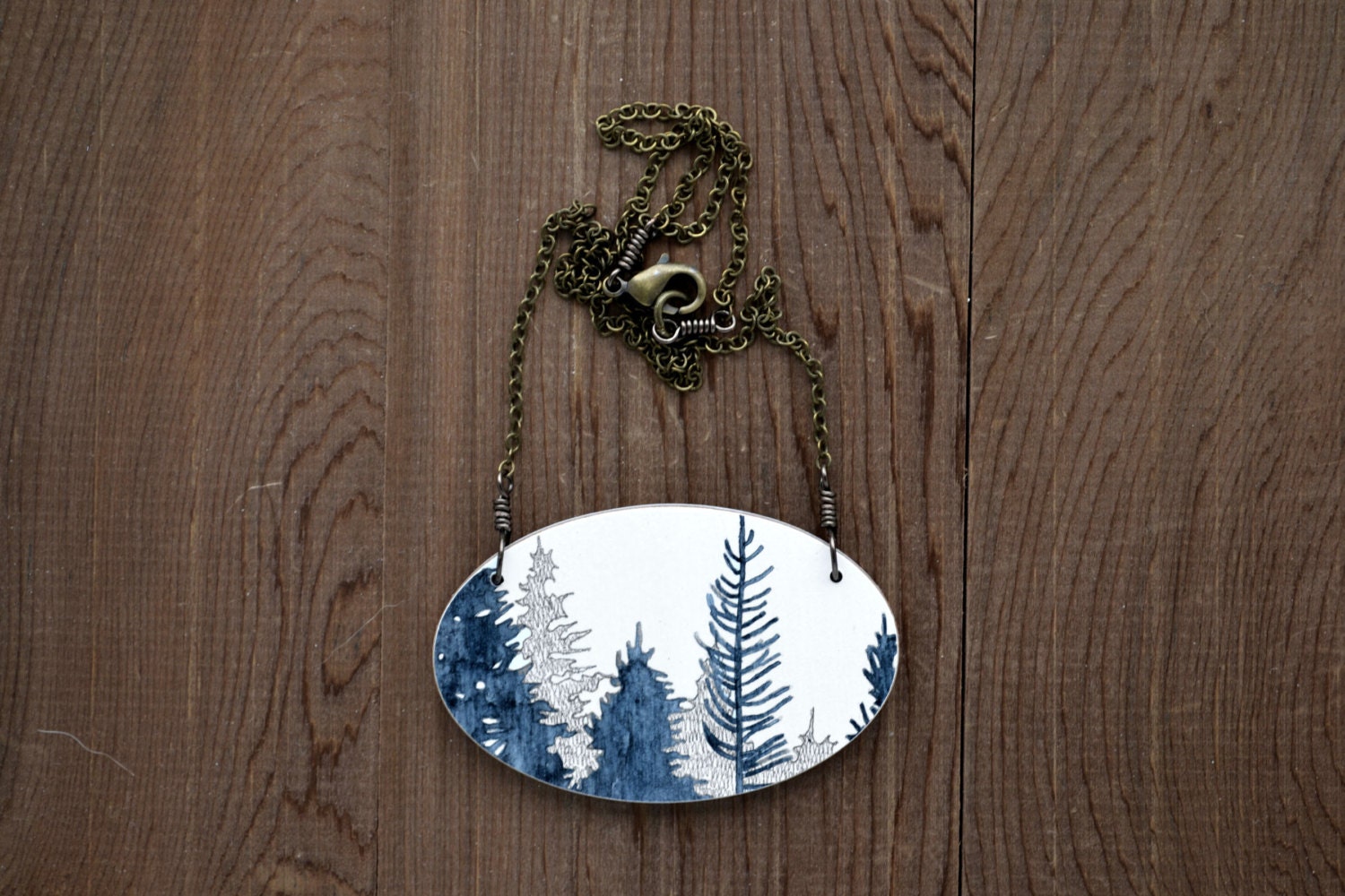 Timber Necklace in Lunar Blue and Graphite - Handmade Wooden Forest Pendant